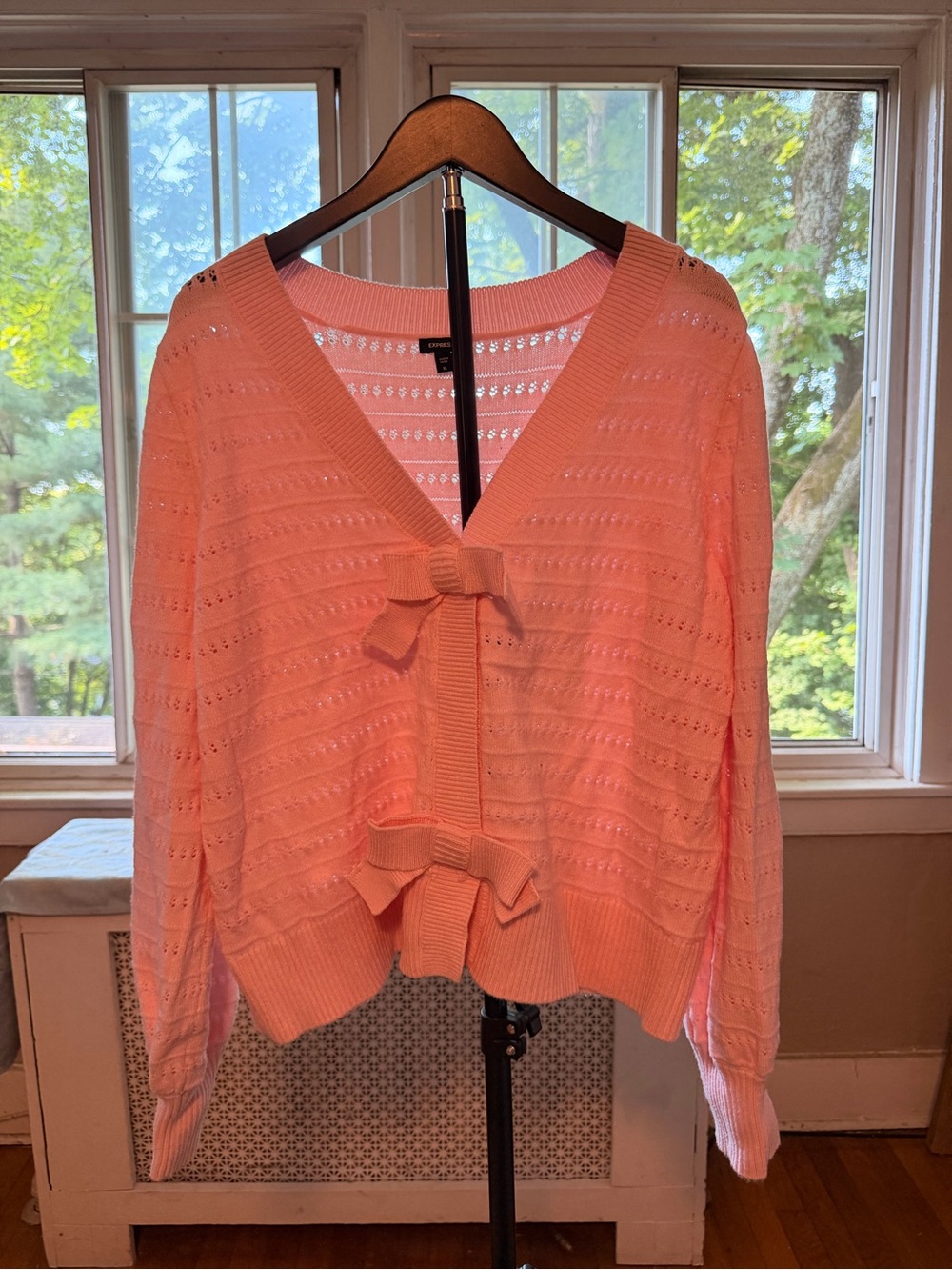 Express Light Pink Tie-Front Open Knit Cardigan with Bow Closure
